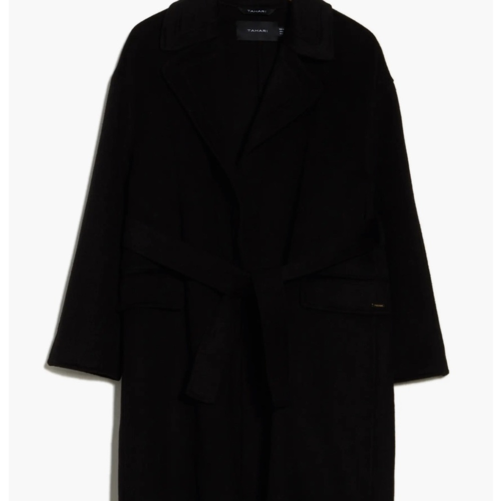 Chic Black Overcoat with Belt Wool Coat